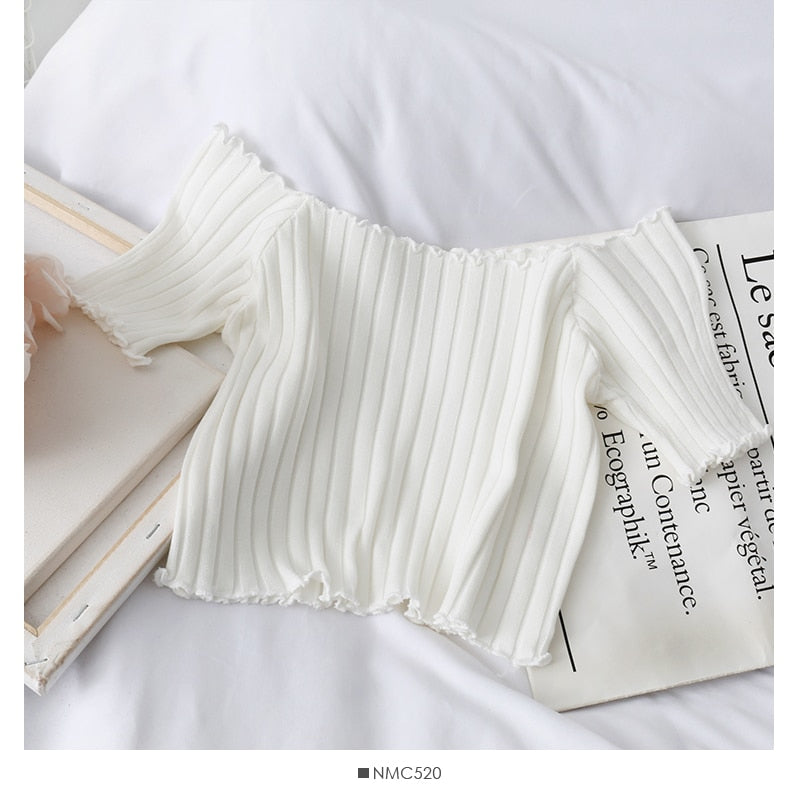 HELIAR T-shirts Women Square Neck Tees Solid Short Sleeve Tee Cottons T-Shirts For Women 2021 Summer Crop Tops