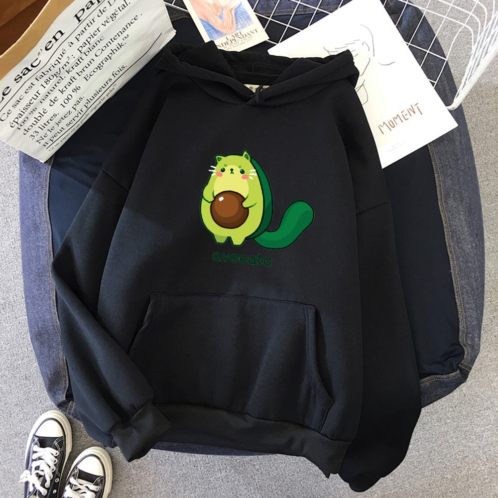 Winter Kawaii Cartoon Avocado Print Hoodies Women Pullover Warm Casual Oversize Hoodie Sweatshirt Korean Clothes Female Sudadera