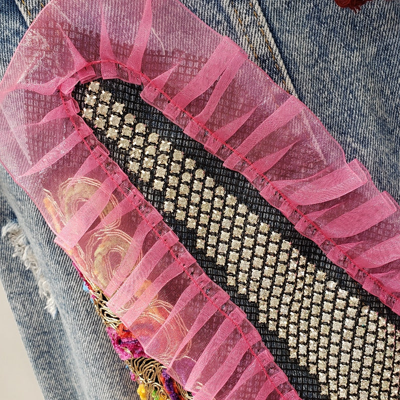 Spring Autumn Print Frayed Diamonds Denim Jacket