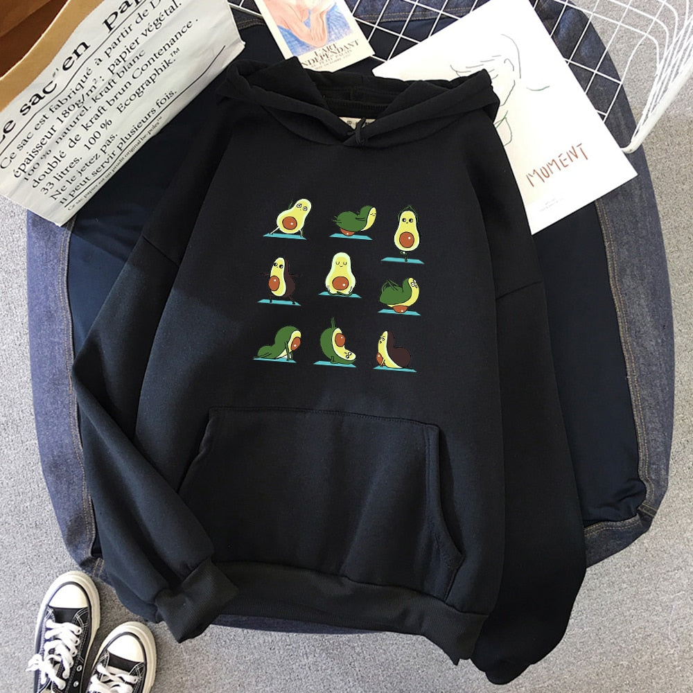 Winter Kawaii Cartoon Avocado Print Hoodies Women Pullover Warm Casual Oversize Hoodie Sweatshirt Korean Clothes Female Sudadera