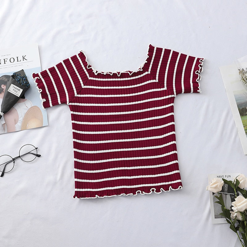 HELIAR T-shirts Women Square Neck Tees Solid Short Sleeve Tee Cottons T-Shirts For Women 2021 Summer Crop Tops