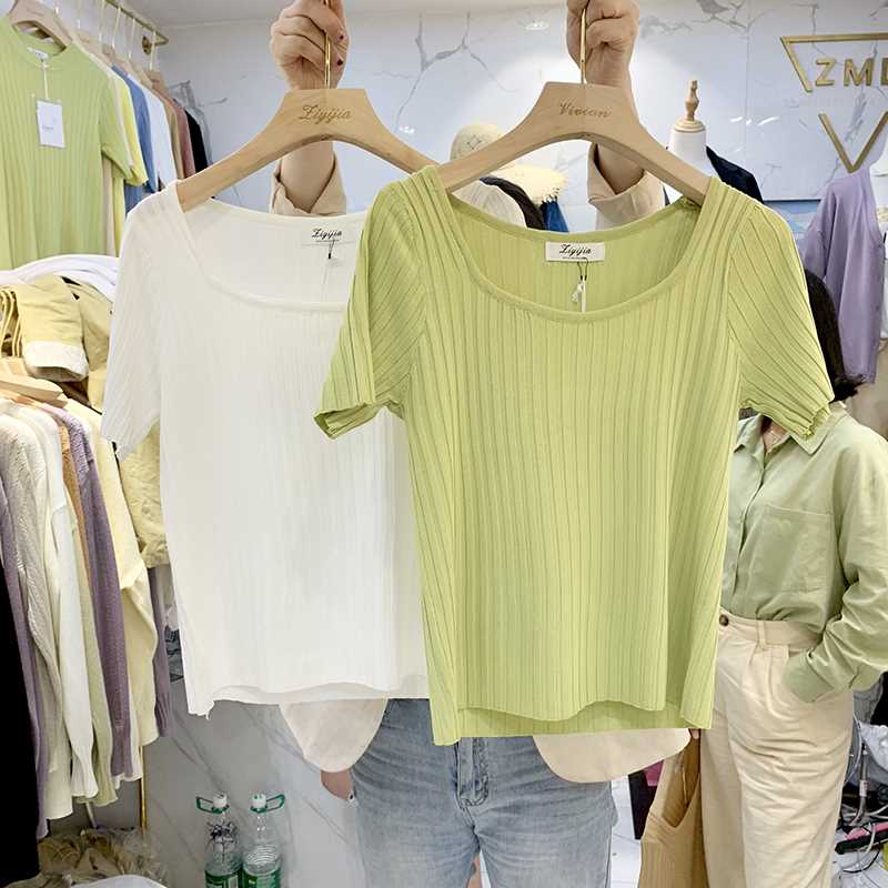 HELIAR T-shirts Women Square Neck Tees Solid Short Sleeve Tee Cottons T-Shirts For Women 2021 Summer Crop Tops