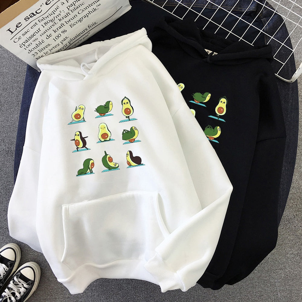 Winter Kawaii Cartoon Avocado Print Hoodies Women Pullover Warm Casual Oversize Hoodie Sweatshirt Korean Clothes Female Sudadera