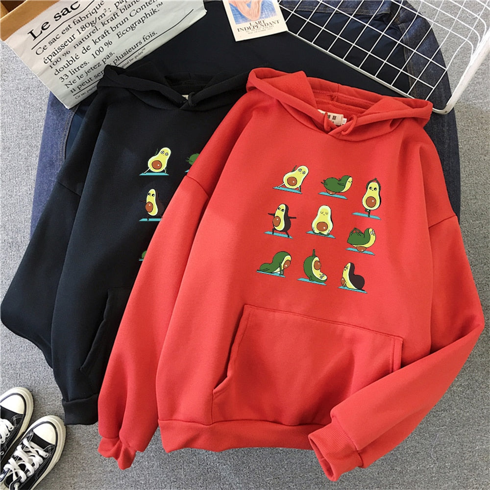 Winter Kawaii Cartoon Avocado Print Hoodies Women Pullover Warm Casual Oversize Hoodie Sweatshirt Korean Clothes Female Sudadera