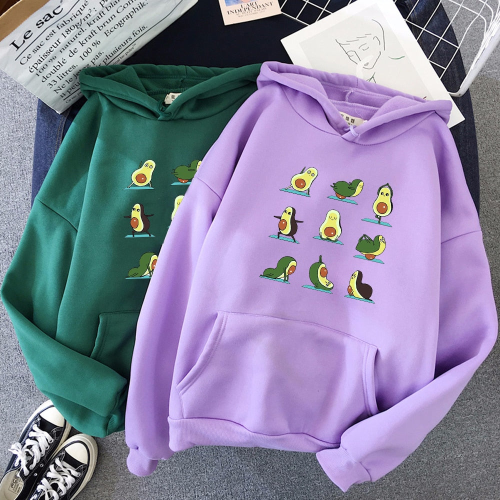 Winter Kawaii Cartoon Avocado Print Hoodies Women Pullover Warm Casual Oversize Hoodie Sweatshirt Korean Clothes Female Sudadera