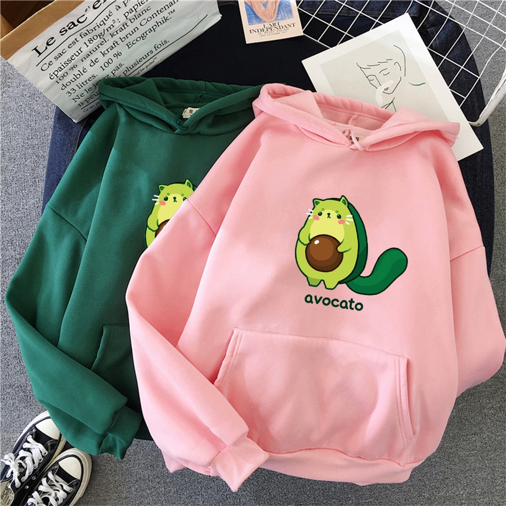 Winter Kawaii Cartoon Avocado Print Hoodies Women Pullover Warm Casual Oversize Hoodie Sweatshirt Korean Clothes Female Sudadera
