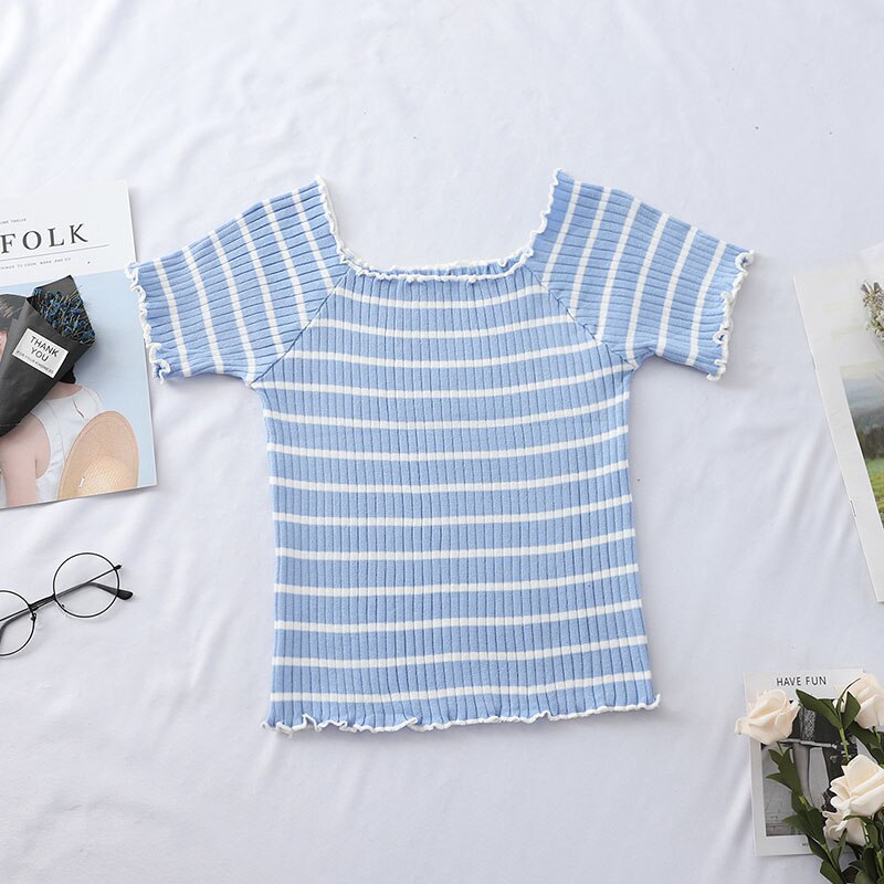 HELIAR T-shirts Women Square Neck Tees Solid Short Sleeve Tee Cottons T-Shirts For Women 2021 Summer Crop Tops