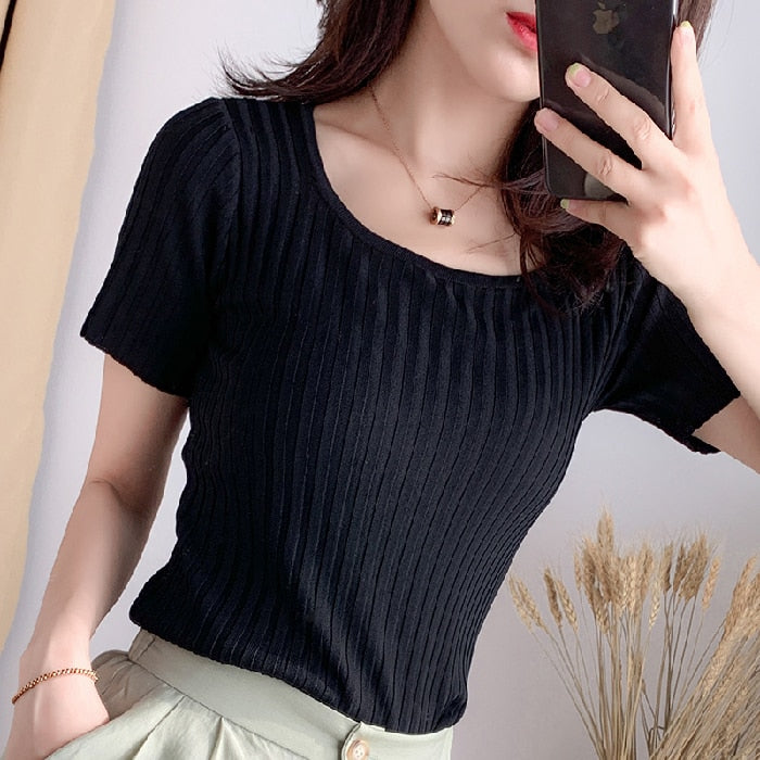 HELIAR T-shirts Women Square Neck Tees Solid Short Sleeve Tee Cottons T-Shirts For Women 2021 Summer Crop Tops