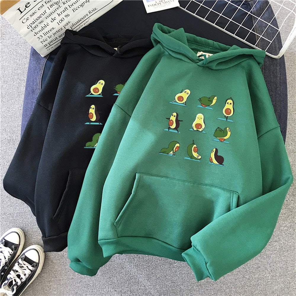 Winter Kawaii Cartoon Avocado Print Hoodies Women Pullover Warm Casual Oversize Hoodie Sweatshirt Korean Clothes Female Sudadera