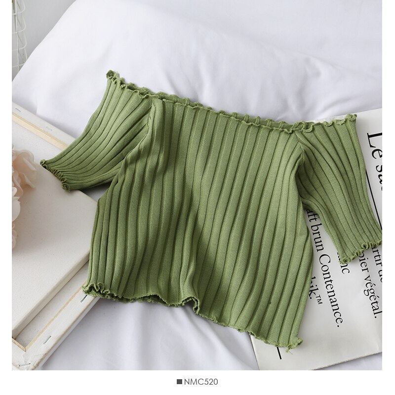 HELIAR T-shirts Women Square Neck Tees Solid Short Sleeve Tee Cottons T-Shirts For Women 2021 Summer Crop Tops