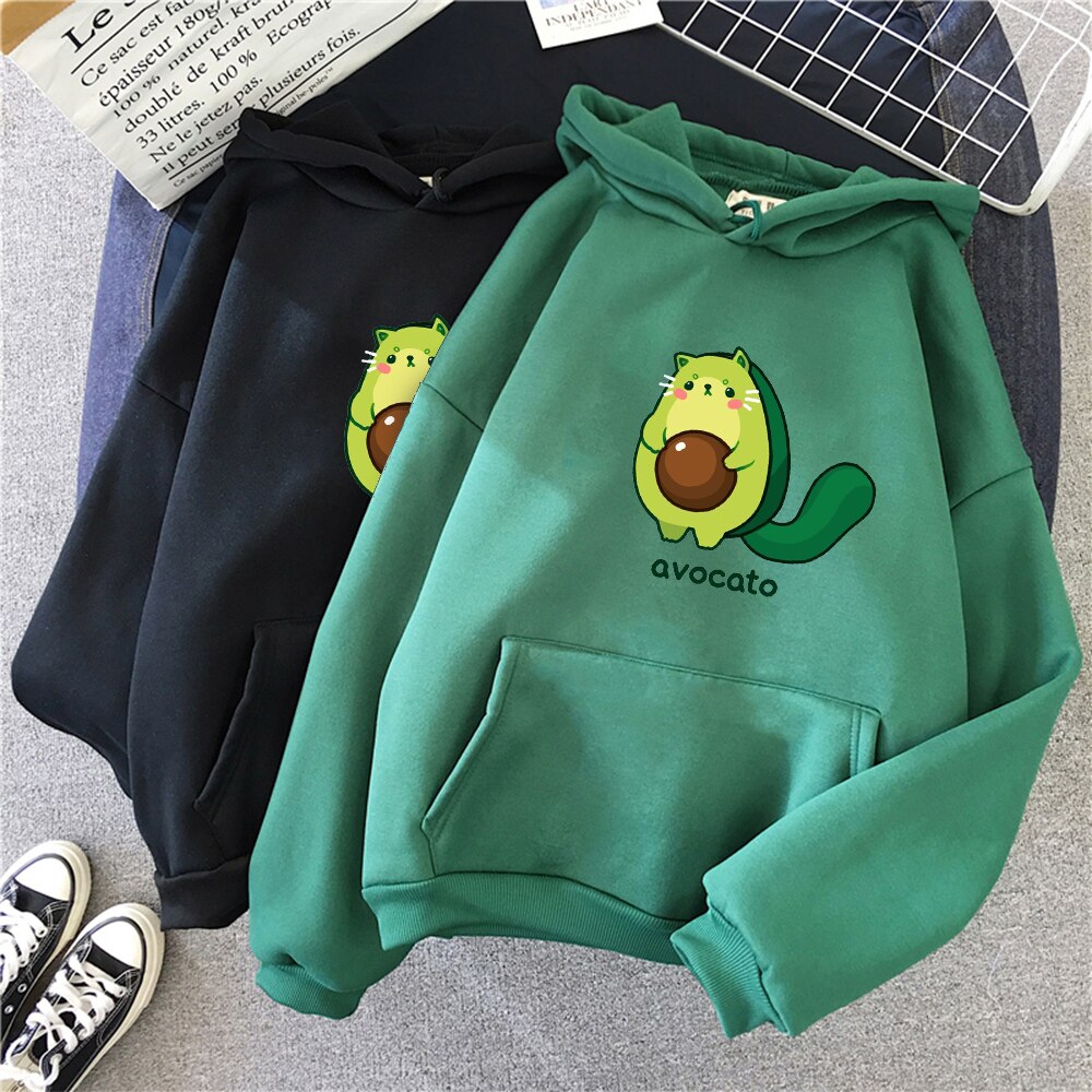 Winter Kawaii Cartoon Avocado Print Hoodies Women Pullover Warm Casual Oversize Hoodie Sweatshirt Korean Clothes Female Sudadera