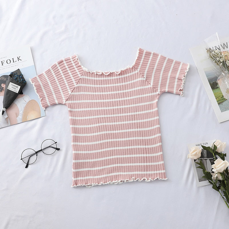 HELIAR T-shirts Women Square Neck Tees Solid Short Sleeve Tee Cottons T-Shirts For Women 2021 Summer Crop Tops