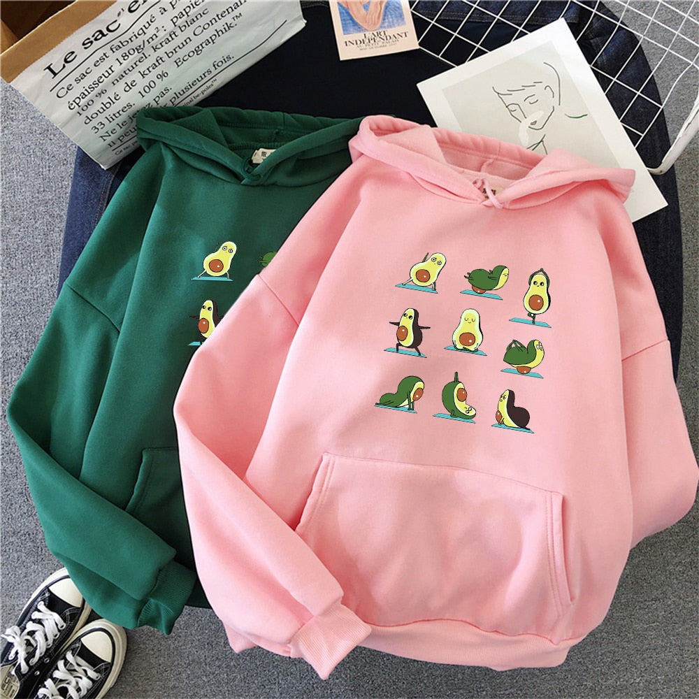 Winter Kawaii Cartoon Avocado Print Hoodies Women Pullover Warm Casual Oversize Hoodie Sweatshirt Korean Clothes Female Sudadera