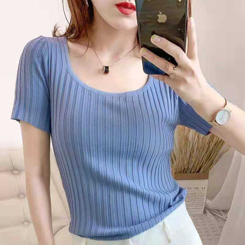 HELIAR T-shirts Women Square Neck Tees Solid Short Sleeve Tee Cottons T-Shirts For Women 2021 Summer Crop Tops