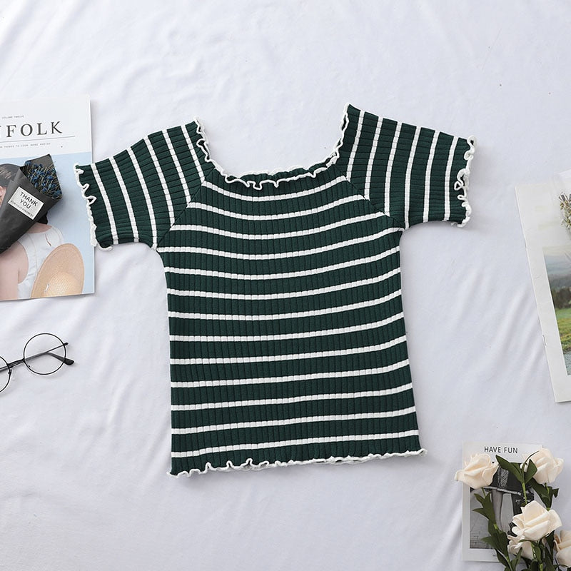 HELIAR T-shirts Women Square Neck Tees Solid Short Sleeve Tee Cottons T-Shirts For Women 2021 Summer Crop Tops