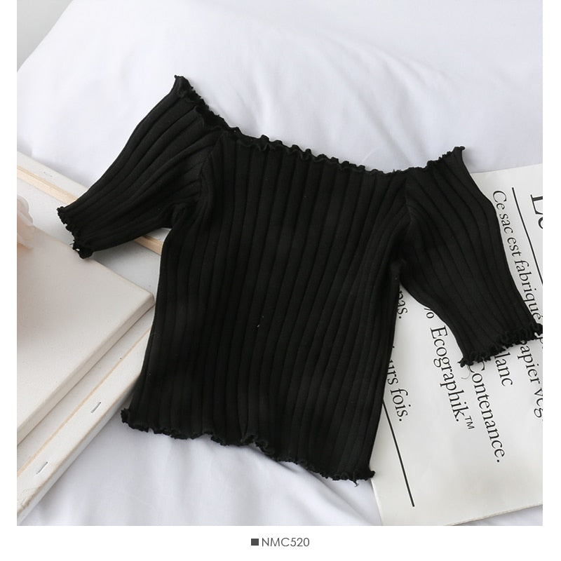HELIAR T-shirts Women Square Neck Tees Solid Short Sleeve Tee Cottons T-Shirts For Women 2021 Summer Crop Tops