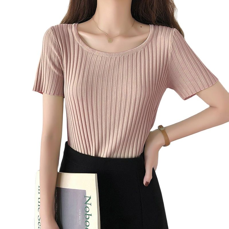 HELIAR T-shirts Women Square Neck Tees Solid Short Sleeve Tee Cottons T-Shirts For Women 2021 Summer Crop Tops