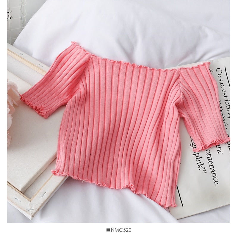HELIAR T-shirts Women Square Neck Tees Solid Short Sleeve Tee Cottons T-Shirts For Women 2021 Summer Crop Tops