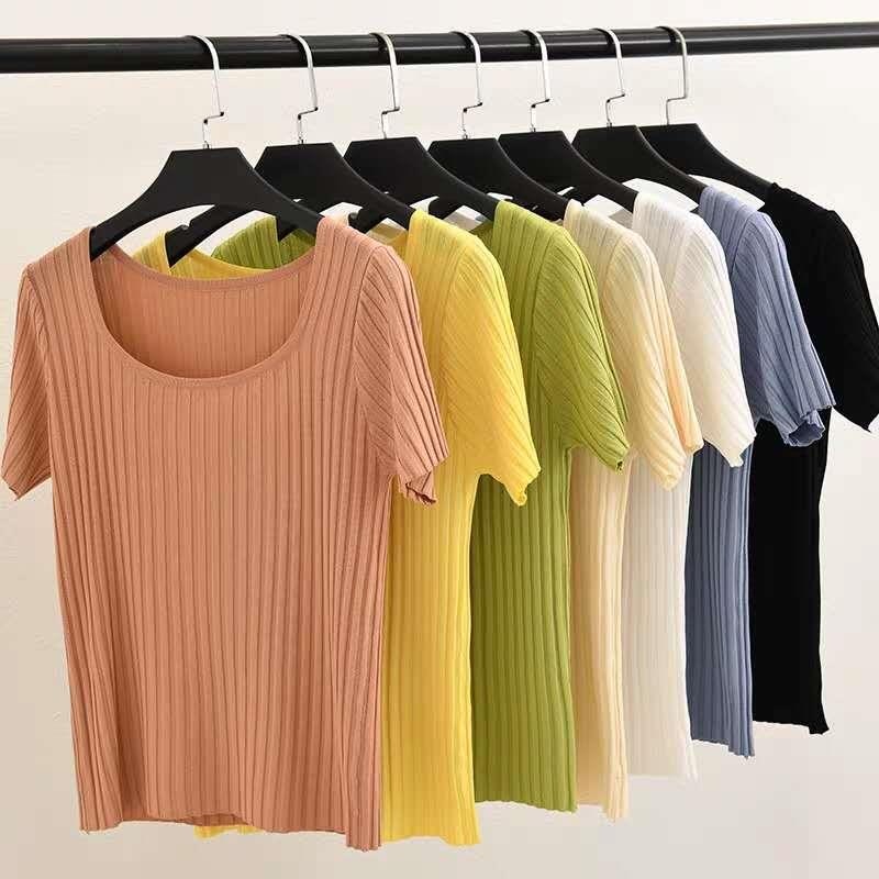 HELIAR T-shirts Women Square Neck Tees Solid Short Sleeve Tee Cottons T-Shirts For Women 2021 Summer Crop Tops