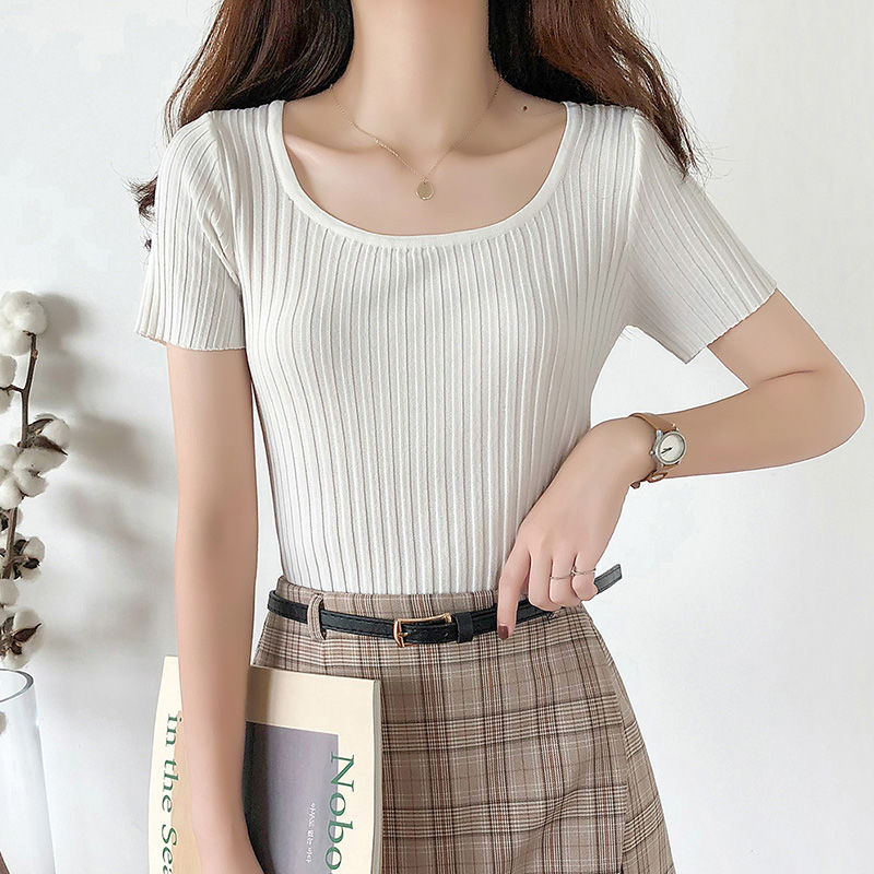 HELIAR T-shirts Women Square Neck Tees Solid Short Sleeve Tee Cottons T-Shirts For Women 2021 Summer Crop Tops