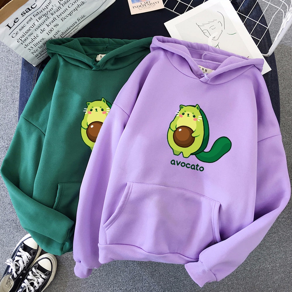 Winter Kawaii Cartoon Avocado Print Hoodies Women Pullover Warm Casual Oversize Hoodie Sweatshirt Korean Clothes Female Sudadera