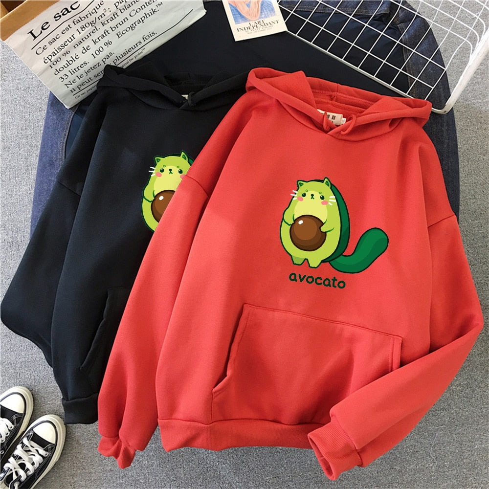 Winter Kawaii Cartoon Avocado Print Hoodies Women Pullover Warm Casual Oversize Hoodie Sweatshirt Korean Clothes Female Sudadera