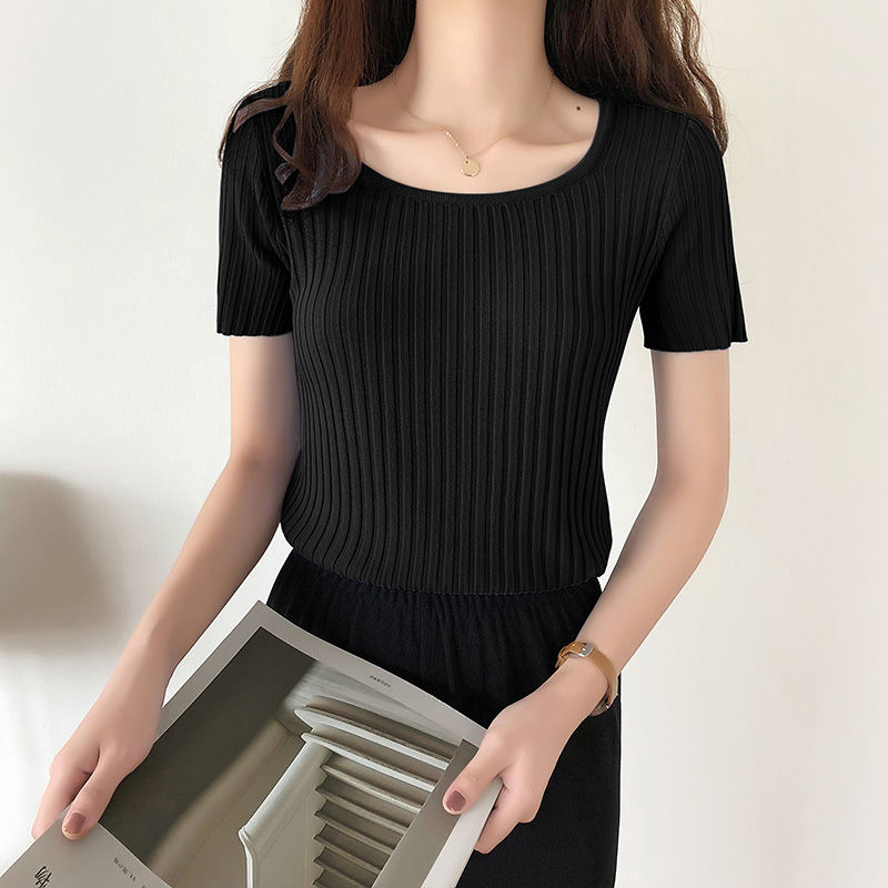HELIAR T-shirts Women Square Neck Tees Solid Short Sleeve Tee Cottons T-Shirts For Women 2021 Summer Crop Tops