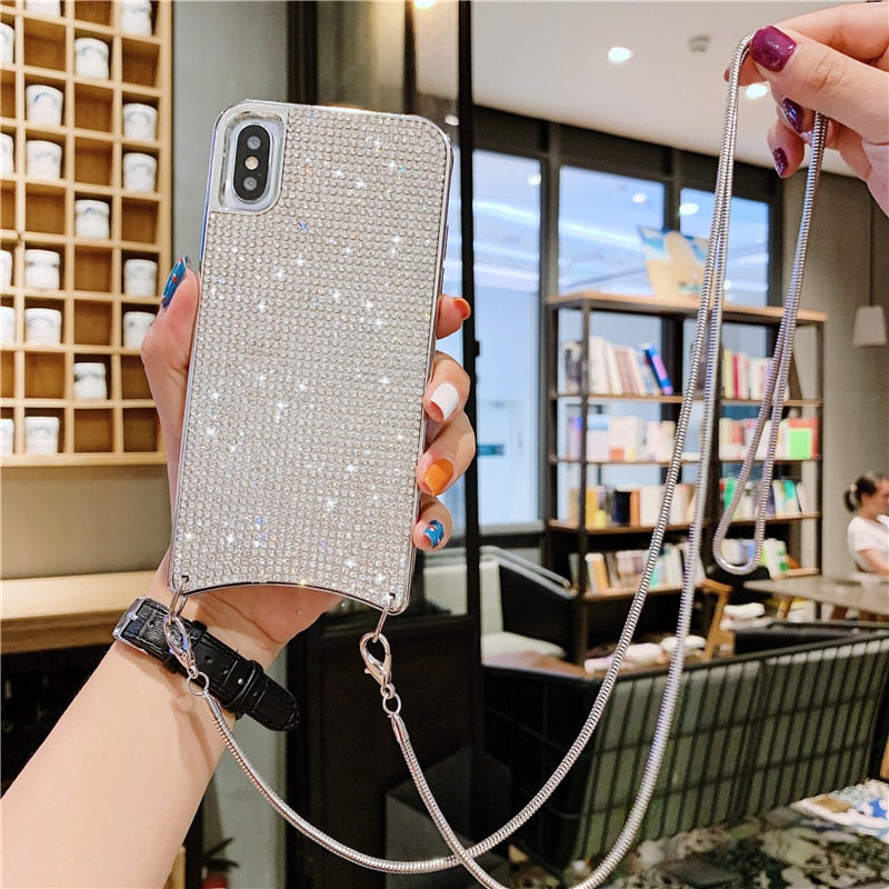 Crossbody Chain Fashion Bling Full Diamond Case for iPhone 14 13 12 11 Pro Max XR Xs 7 Plus 8 6 XS SE2 Soft Rhinestone Cover Bag