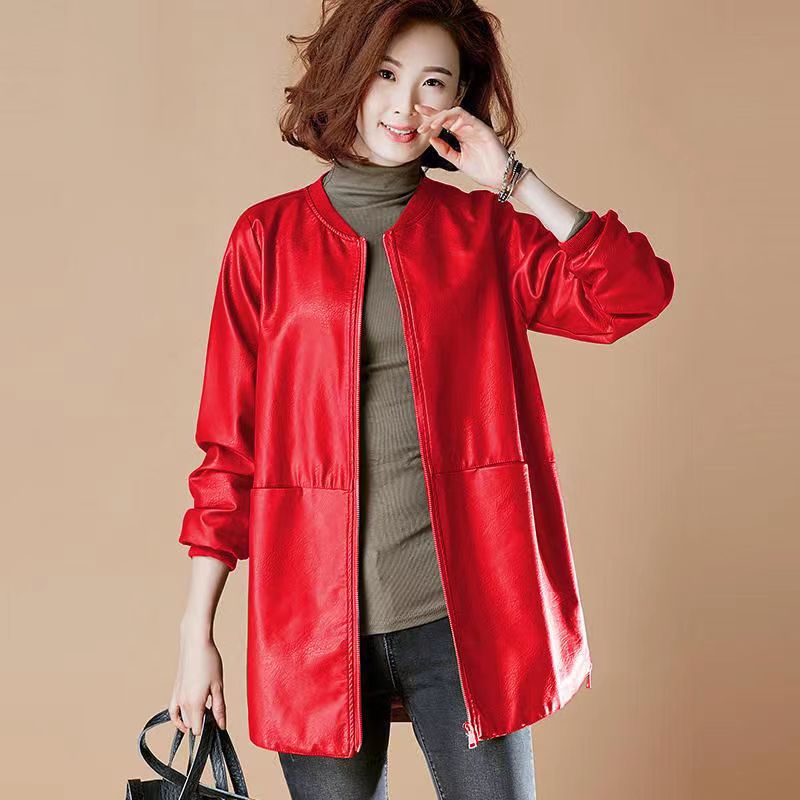 Women Mid Length Leather Jacket PU Commute Style