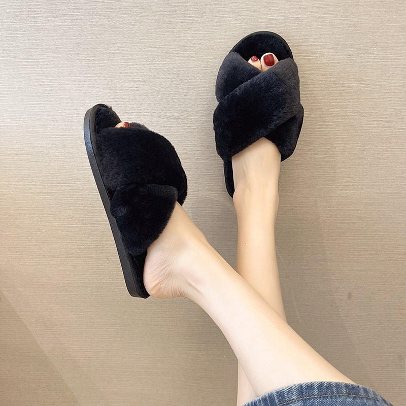 Womens Fashion Warm Fluffy Slippers Indoor Cozy Faux Fur Cross Flat Shoes Soft Furry Ladies Female Celebrities Floor Slides