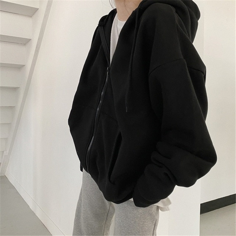 Women Hoodies Solid Color Zip Up Pocket Oversized