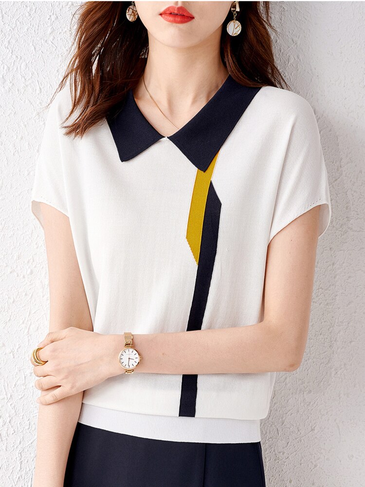 Tee Shirt Femme Turn Down Collar T Shirt 2022 Knitted Tops For Women For Summer Thin T Shirts Short Sleeve Tshirt Woman Clothing
