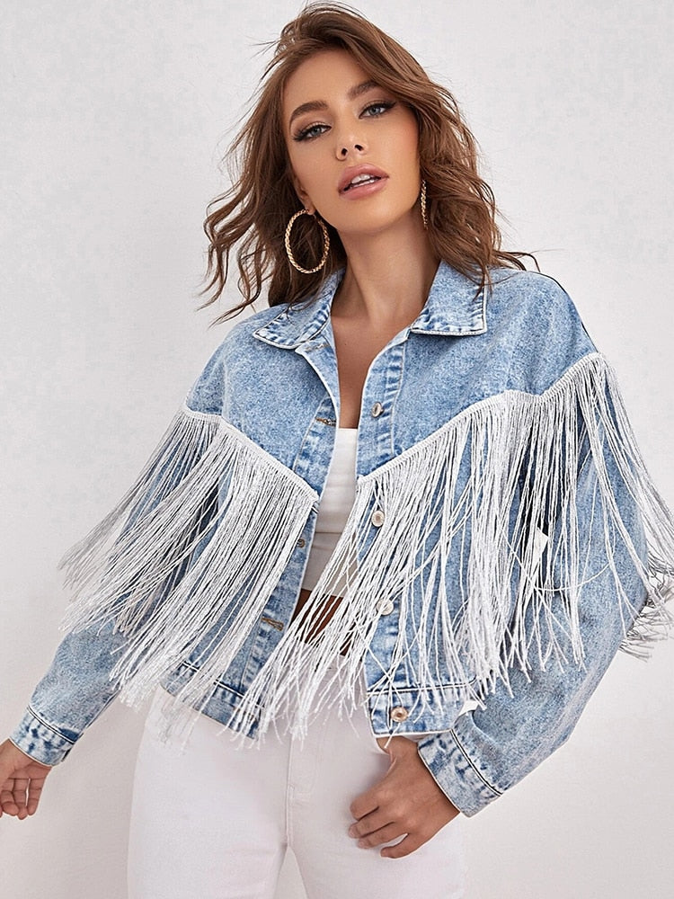 New Spring Women Loose Tassel Blue Denim Jacket