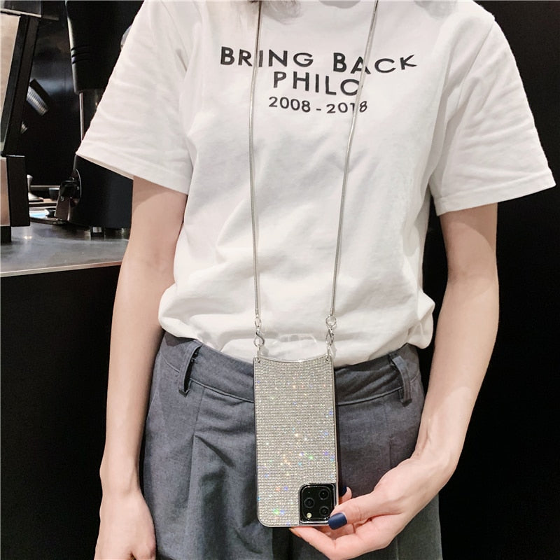 Crossbody Chain Fashion Bling Full Diamond Case for iPhone 14 13 12 11 Pro Max XR Xs 7 Plus 8 6 XS SE2 Soft Rhinestone Cover Bag