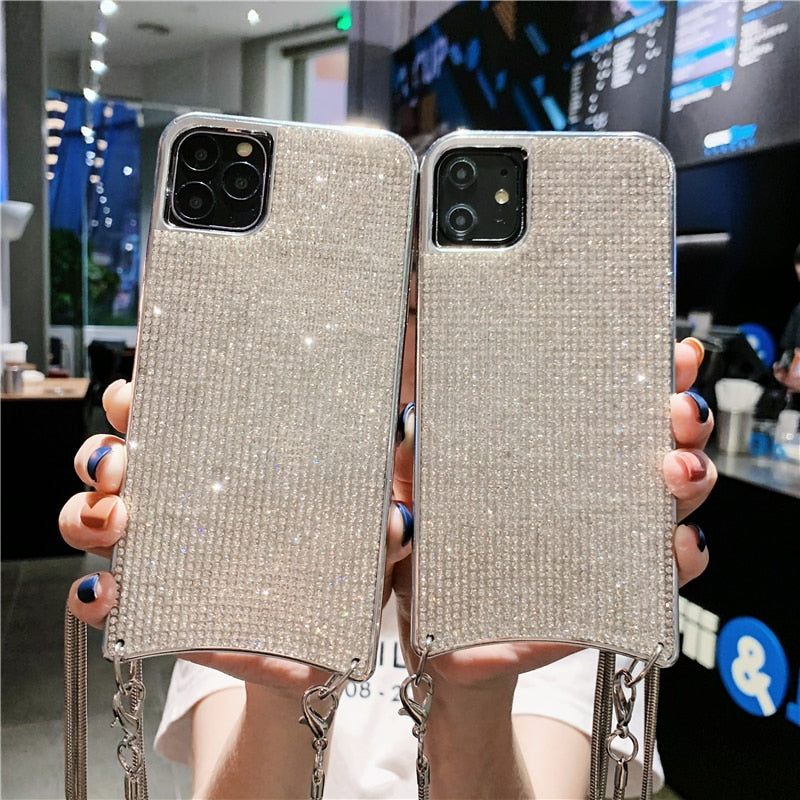 Crossbody Chain Fashion Bling Full Diamond Case for iPhone 14 13 12 11 Pro Max XR Xs 7 Plus 8 6 XS SE2 Soft Rhinestone Cover Bag