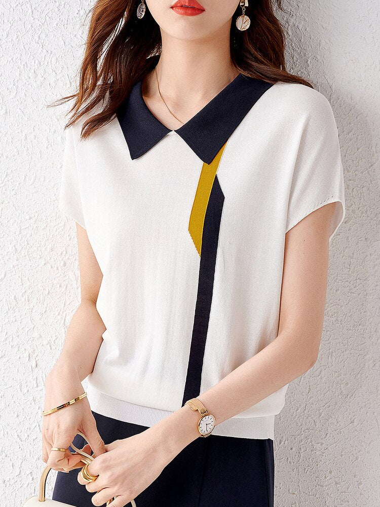 Tee Shirt Femme Turn Down Collar T Shirt 2022 Knitted Tops For Women For Summer Thin T Shirts Short Sleeve Tshirt Woman Clothing