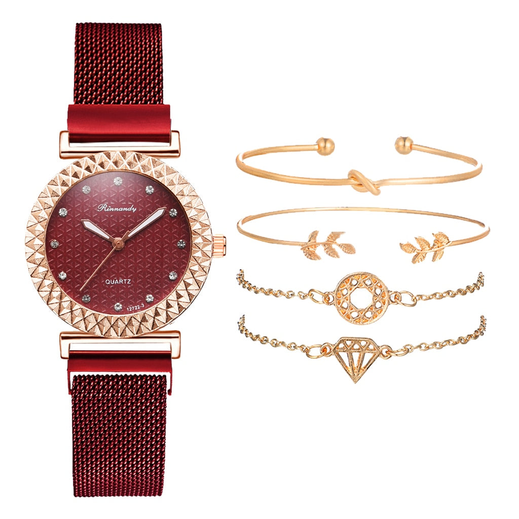 5PCS Women Watch Set Luxury Rose Gold