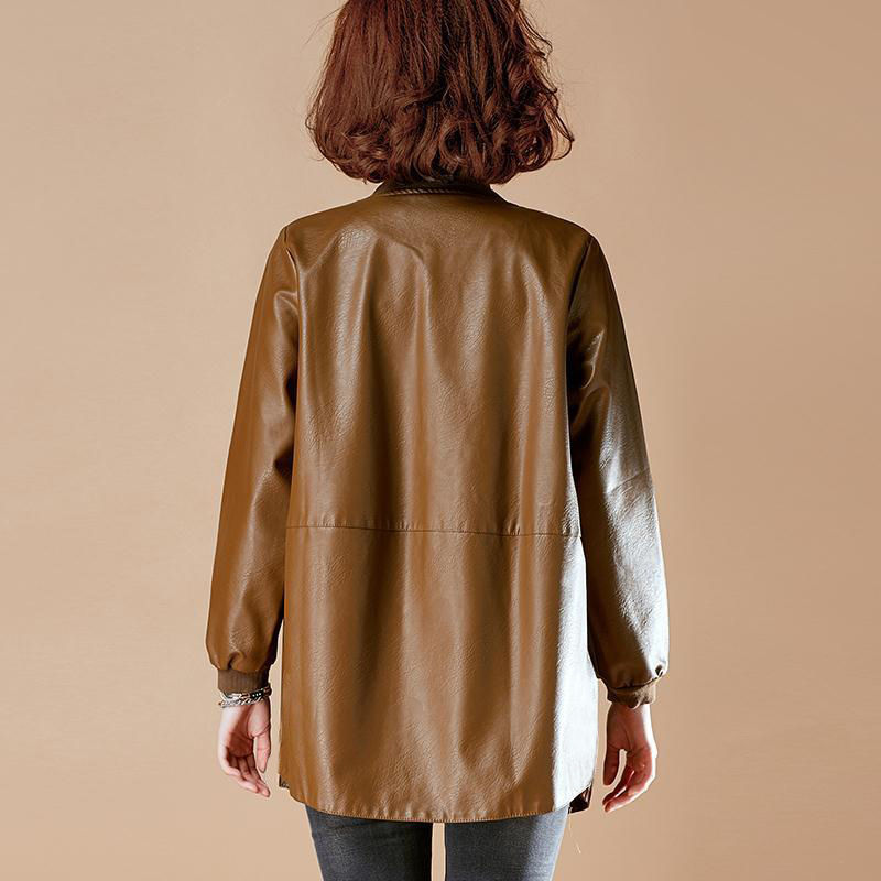 Women Mid Length Leather Jacket PU Commute Style