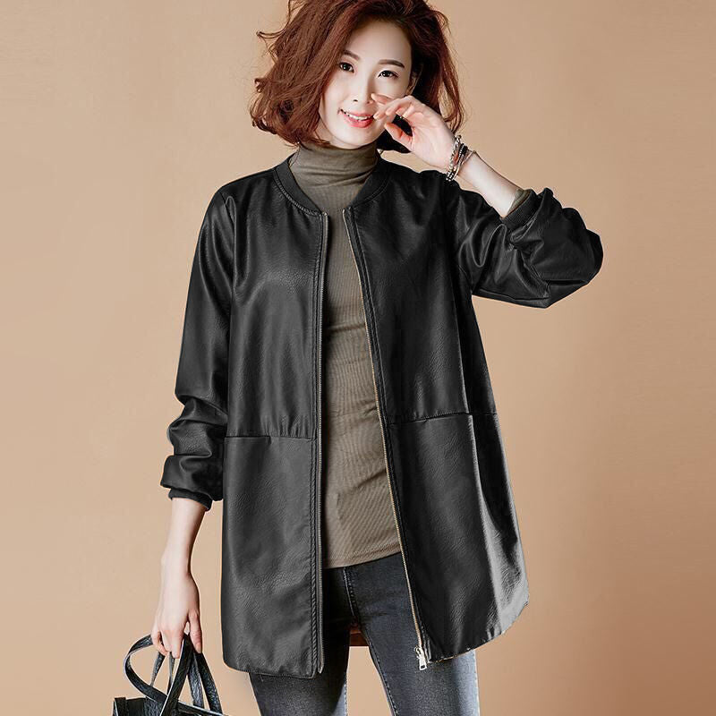 Women Mid Length Leather Jacket PU Commute Style