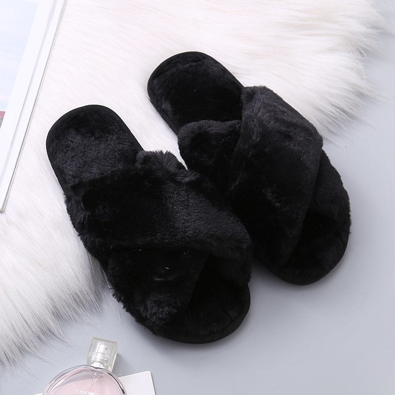 Womens Fashion Warm Fluffy Slippers Indoor Cozy Faux Fur Cross Flat Shoes Soft Furry Ladies Female Celebrities Floor Slides