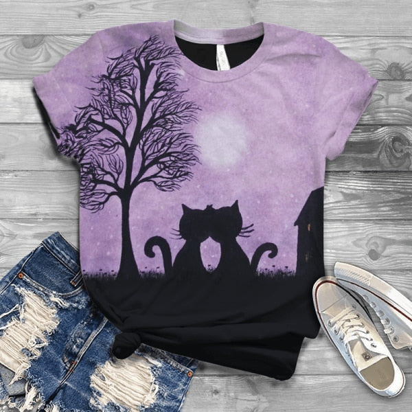 T-Shirt Women Summer Sleeve Digital 3D Cat Print