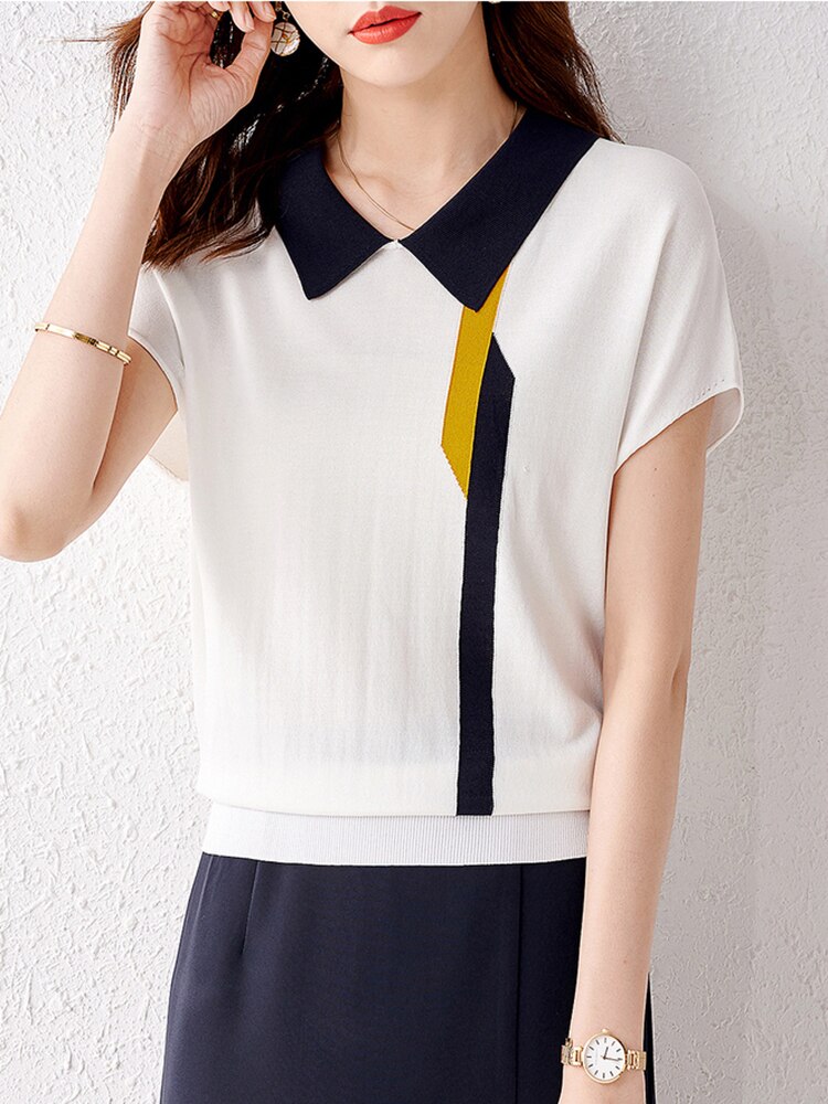 Tee Shirt Femme Turn Down Collar T Shirt 2022 Knitted Tops For Women For Summer Thin T Shirts Short Sleeve Tshirt Woman Clothing