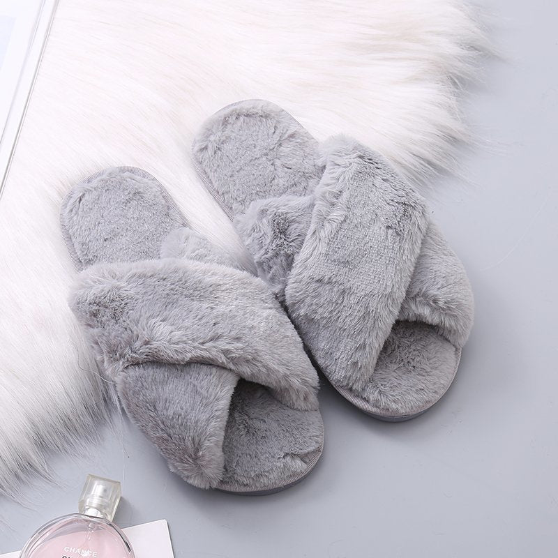 Womens Fashion Warm Fluffy Slippers Indoor Cozy Faux Fur Cross Flat Shoes Soft Furry Ladies Female Celebrities Floor Slides