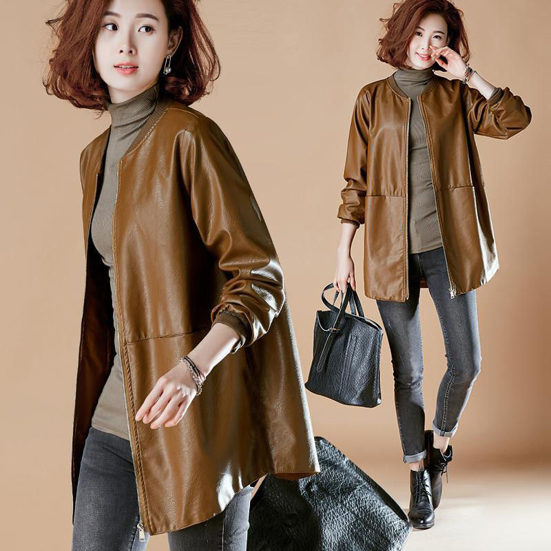 Women Mid Length Leather Jacket PU Commute Style