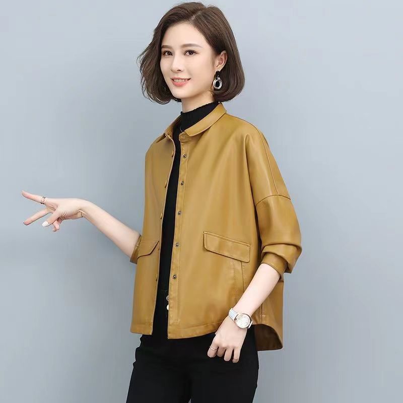 Women Mid Length Leather Jacket PU Commute Style