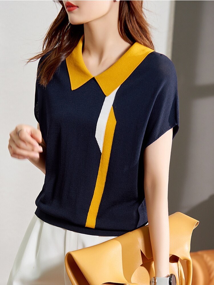 Tee Shirt Femme Turn Down Collar T Shirt 2022 Knitted Tops For Women For Summer Thin T Shirts Short Sleeve Tshirt Woman Clothing
