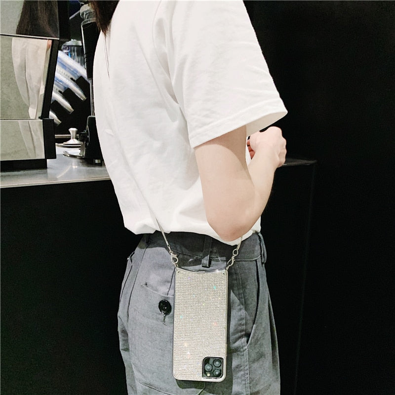 Crossbody Chain Fashion Bling Full Diamond Case for iPhone 14 13 12 11 Pro Max XR Xs 7 Plus 8 6 XS SE2 Soft Rhinestone Cover Bag
