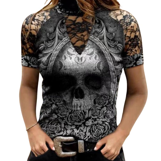 2022 Fashion Women TurtleNeck Skull & Flower Print T-shirt Gothic Hollow Short Sleeve Tops