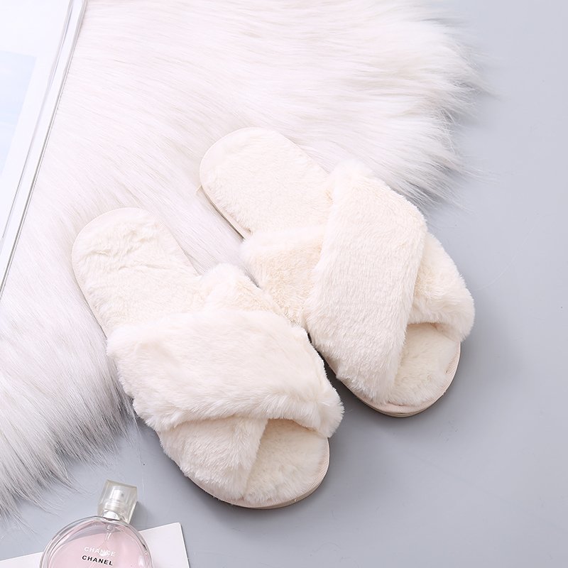 Womens Fashion Warm Fluffy Slippers Indoor Cozy Faux Fur Cross Flat Shoes Soft Furry Ladies Female Celebrities Floor Slides