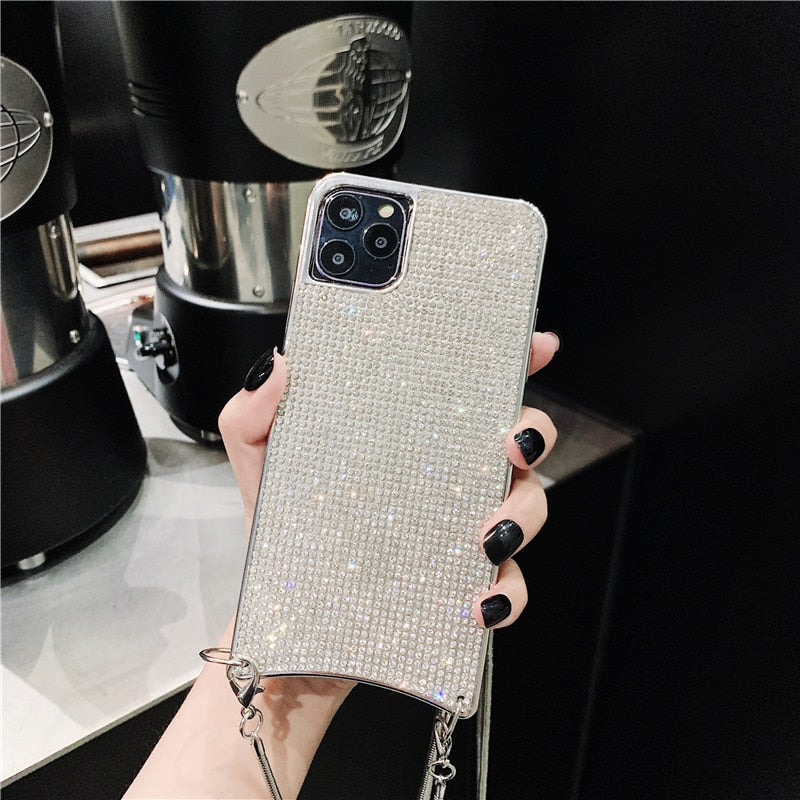 Crossbody Chain Fashion Bling Full Diamond Case for iPhone 14 13 12 11 Pro Max XR Xs 7 Plus 8 6 XS SE2 Soft Rhinestone Cover Bag